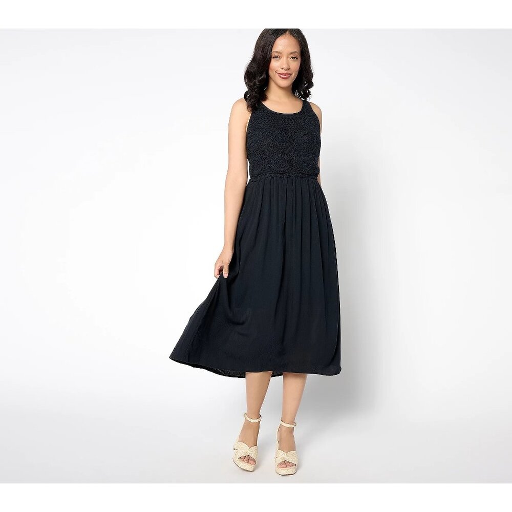 Destination 365 Maxi Dress Size Large Petite Crinkle Chiffon Crochet Black NEW
